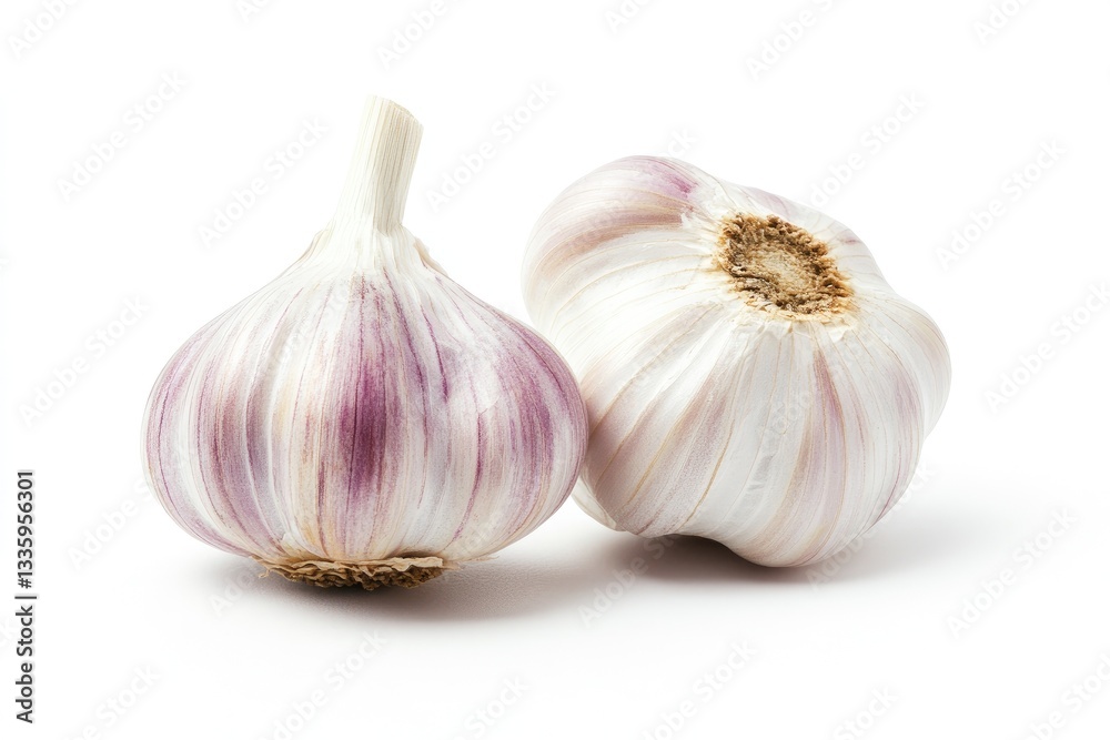 Obraz premium Two heads of garlic, close-up, on white background