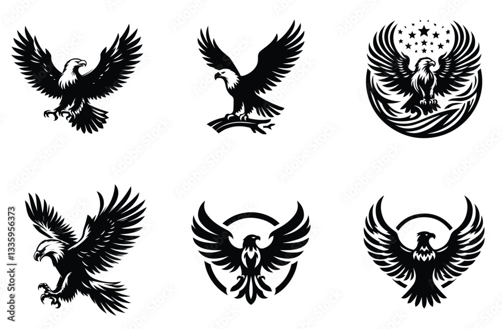 Powerful Eagle Vector Collection with Dynamic Flying and Perched Poses, Ideal for Logos, Emblems, Tattoos, and Graphic Illustrations in Black and White Powerful Eagle Vector Collection with Dynamic Flying and Perched Poses, Ideal for Logos, Emblems, Tattoos, and Graphic Illustrations in Black and White