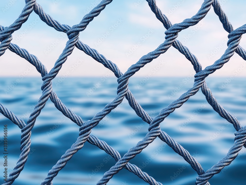 Ocean view through a textured netting, showcasing calm waves and a serene sky Ocean view through a textured netting, showcasing calm waves and a serene sky