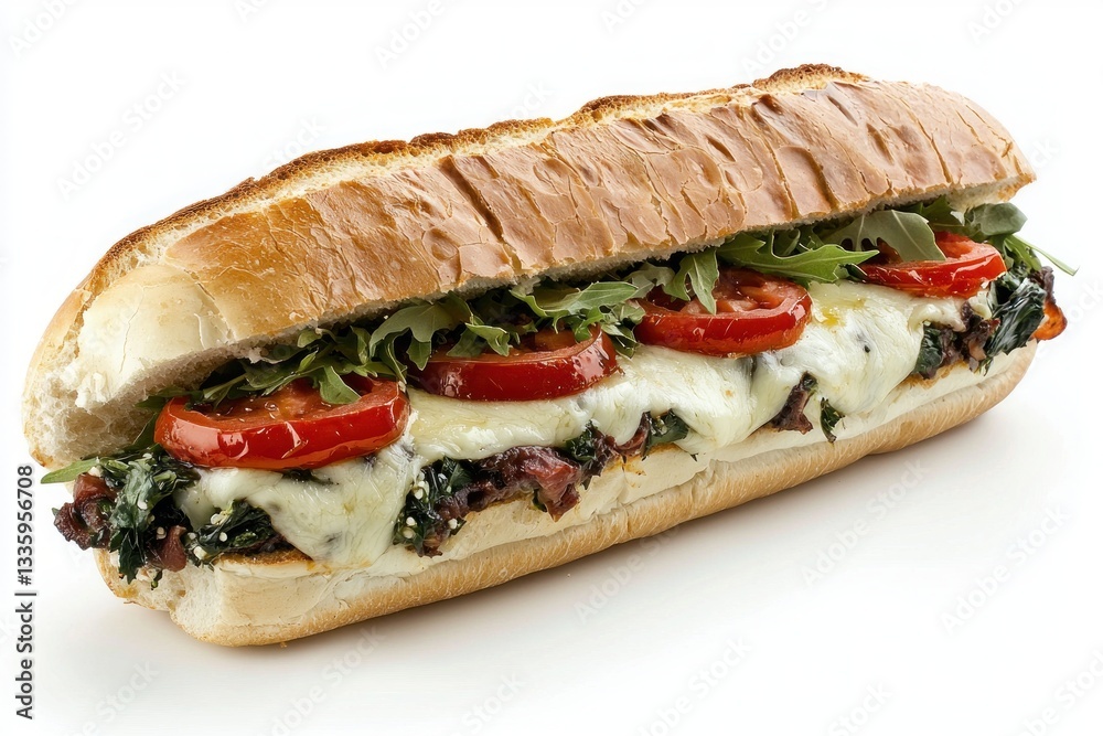 Delicious and fresh panini with melted cheese spinach tomato arugula served on white background Delicious and fresh panini with melted cheese spinach tomato arugula served on white background