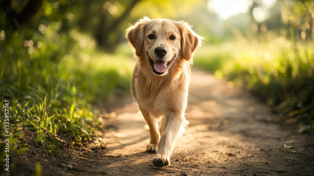 Golden retriever walking on a sunset path, warm light, blurred nature background. A serene moment of peace and connection with nature.
Golden retriever walking on a sunset path, warm light, blurred nature background. A serene moment of peace and connection with nature.