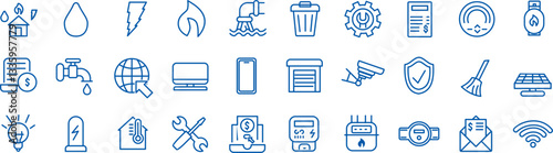 Set of outline icons related to public and private utilities. Linear icon collection. Editable stroke. Vector illustration