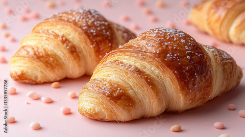 Golden Croissants on Pink Backdrop with Sugar Sprinkles Generate by AI