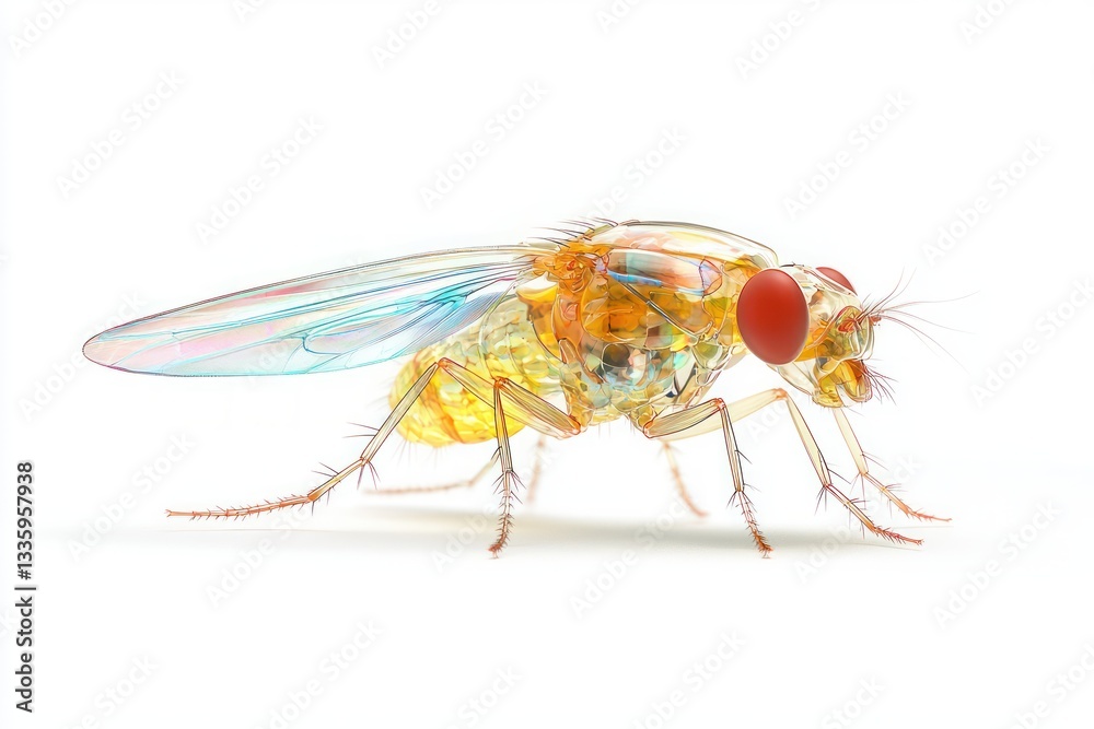 Fruit Fly Microscopic Magnification with Transparent Anatomy and Red Eyes on a White Background Fruit Fly Microscopic Magnification with Transparent Anatomy and Red Eyes on a White Background