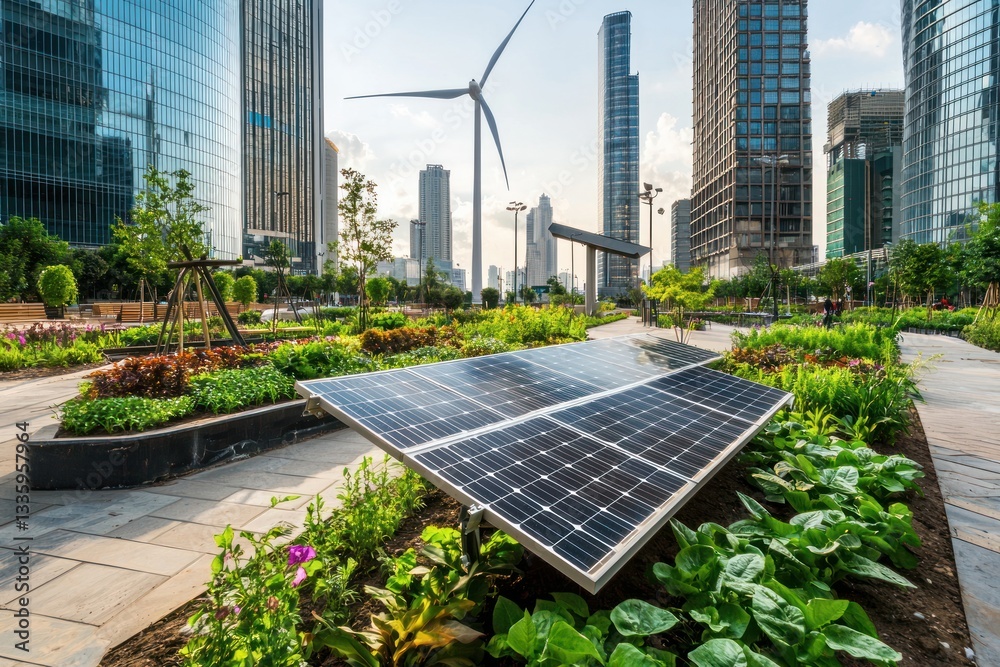 Fototapeta premium Sustainable city landscape showcasing urban garden solar panels and wind turbine with modern skyscrapers