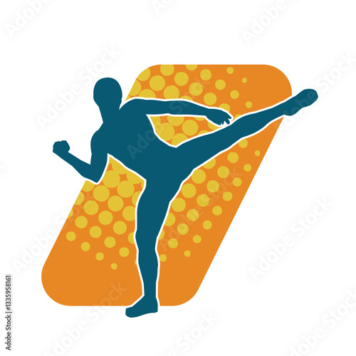 Silhouette of a male doing martial art kick pose. Silhouette of a martial art male doing kicking pose.