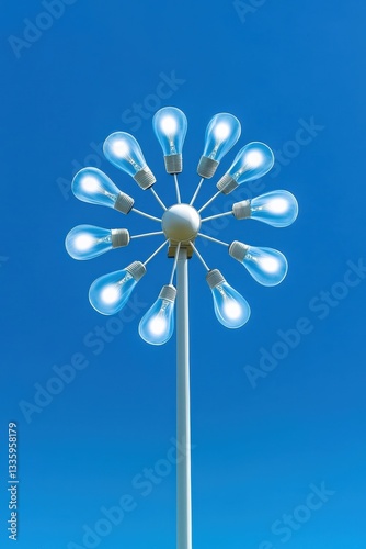 A windmill with blades shaped like light bulbs, symbolizing renewable energy ideas