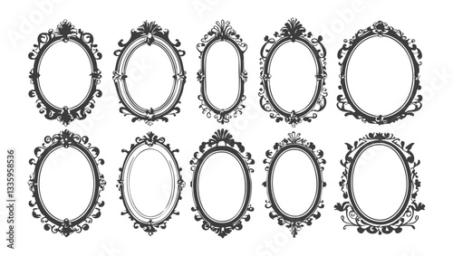 Set of ornate vintage frames in black and white with intricate baroque and rococo details. Victorian elegant mirror, rococo magic ornate decoration with copy space. Wedding gothic frame kit