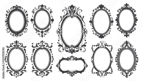 Set of ornate vintage frames in black and white with intricate baroque and rococo details. Victorian elegant mirror, rococo magic ornate decoration with copy space. Wedding gothic frame kit