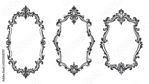 Set of ornate vintage frames in black and white with intricate baroque and rococo details. Victorian elegant mirror, rococo magic ornate decoration with copy space. Wedding gothic frame kit