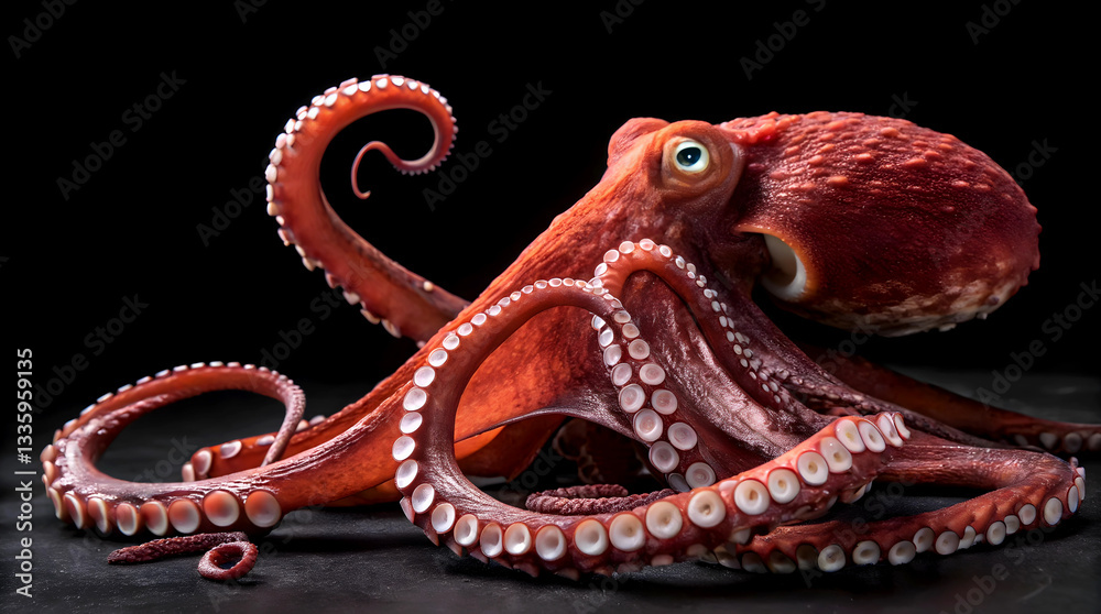 Fototapeta premium A Majestic Giant Pacific Octopus, A Creature Of Mystery And Intelligence, Dramatically Posed Against A Stark Black Background Showcasing Its Intricate Arms And Vibrant Reddish-brown Hues