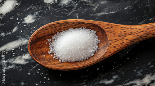 Wooden Spoon Filled with Granulated Sugar on Polished Marble AI generated