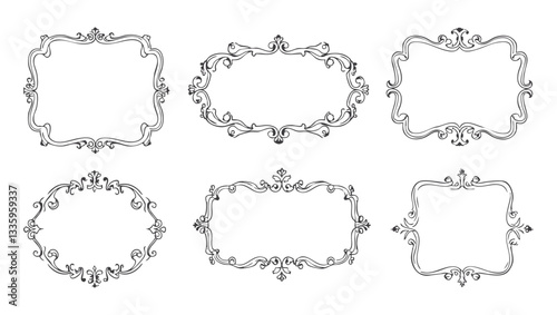 Set of ornate vintage frames in black and white with intricate baroque and rococo details. Victorian elegant mirror, rococo magic ornate decoration with copy space. Wedding gothic frame kit
