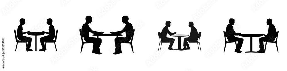 Silhouettes of pairs converse at tables isolated on white or transparent Silhouettes of pairs converse at tables isolated on white or transparent