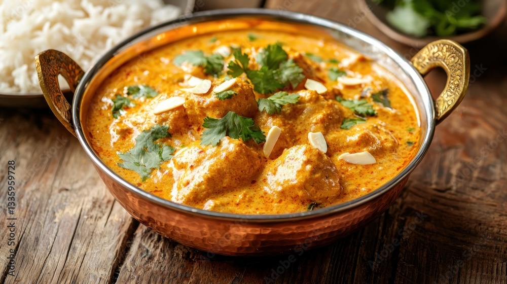 Delicious Butter Chicken Curry in Copper Bowl on Rustic Wooden Table Indian Food Flavorful Culinary Experience Authentic Dish Delicious Butter Chicken Curry in Copper Bowl on Rustic Wooden Table Indian Food Flavorful Culinary Experience Authentic Dish