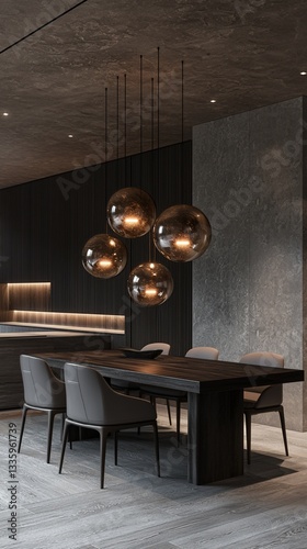 Modern dark dining room with glass pendant lights above a long wooden table and grey chairs.