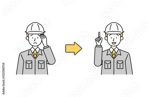 疑問・悩みが解決する男性作業員のベクターイラスト シンプル