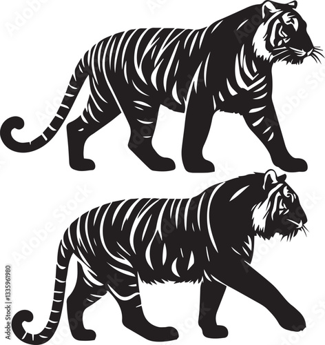 silhouette set of Sumatran Tiger walking poses, sumatran tiger walking pose vector, black and white tiger illustration