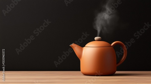 A steaming orange teapot sits on a wooden table against a black background.