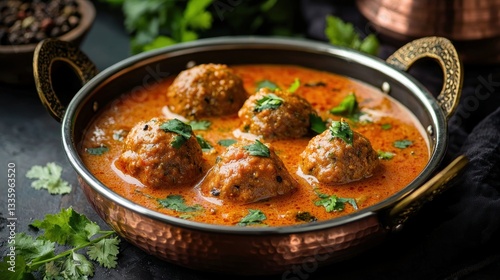 Delectable kofta curry in a rustic copper serving dish garnished with fresh cilantro leaves on dark surface