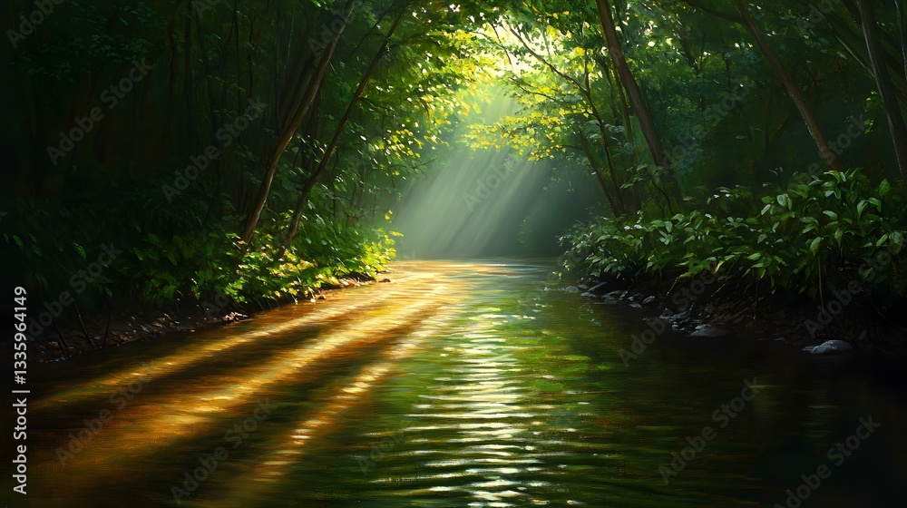 Obraz premium Serene Forest River Scene Sunlight Streaming Through Trees Tranquil Nature