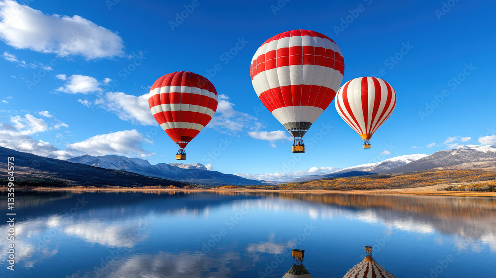 Fototapeta premium Colorful hot air balloons floating over serene lake with mountains