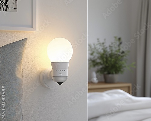 Modern minimalist white LED bulb wall lamp in bedroom.