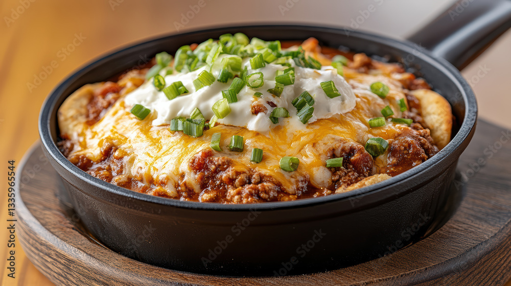 steaming bowl of chili topped with cheese and green onions, served hot steaming bowl of chili topped with cheese and green onions, served hot