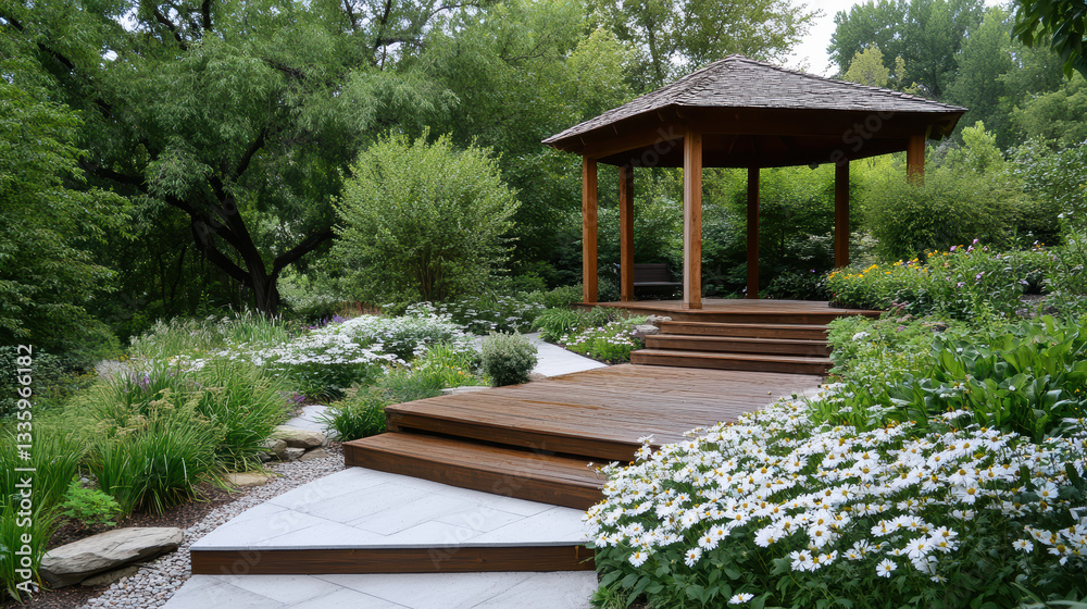 Naklejka premium tranquil garden featuring gazebo surrounded by blooming flowers and lush greenery
