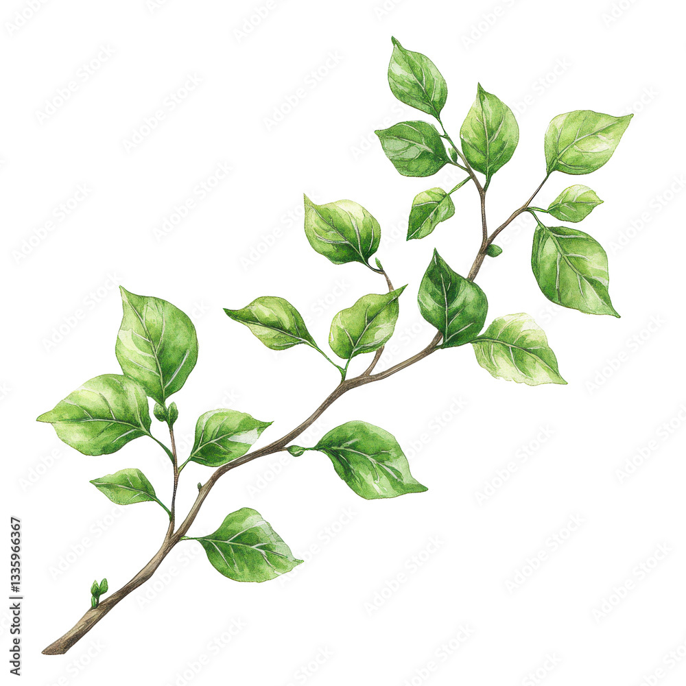 Obraz premium Watercolor painting of a green branch with leaves on black background Botanical illustration nature art spring leaves isolated on transparent background