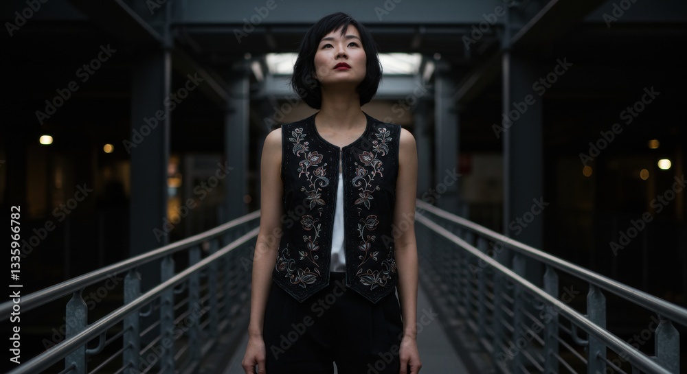 Obraz premium A woman in a room with a serious pose looking around