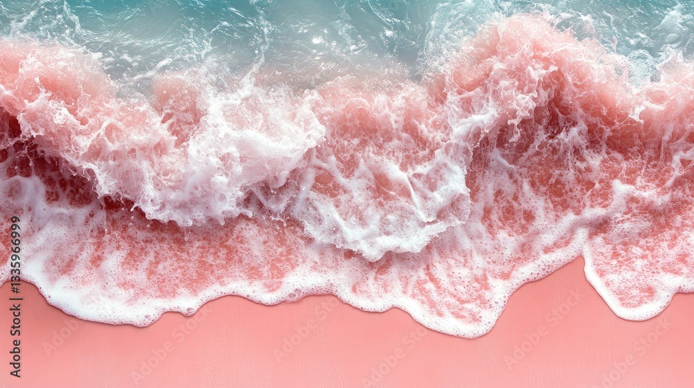 Fototapeta premium Pink Sand Beach Waves, Tropical Shore, Top View, Aesthetic, Relaxing Scenery, Photo, Perfect Vacation, Stunning Landscape, Ideal for Relaxation
