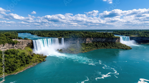 Aerial view of majestic waterfall cascading into river, surrounded by lush greenery and blue