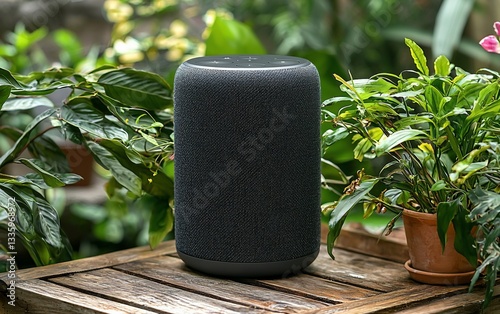 Smart speaker outdoors on wooden table.