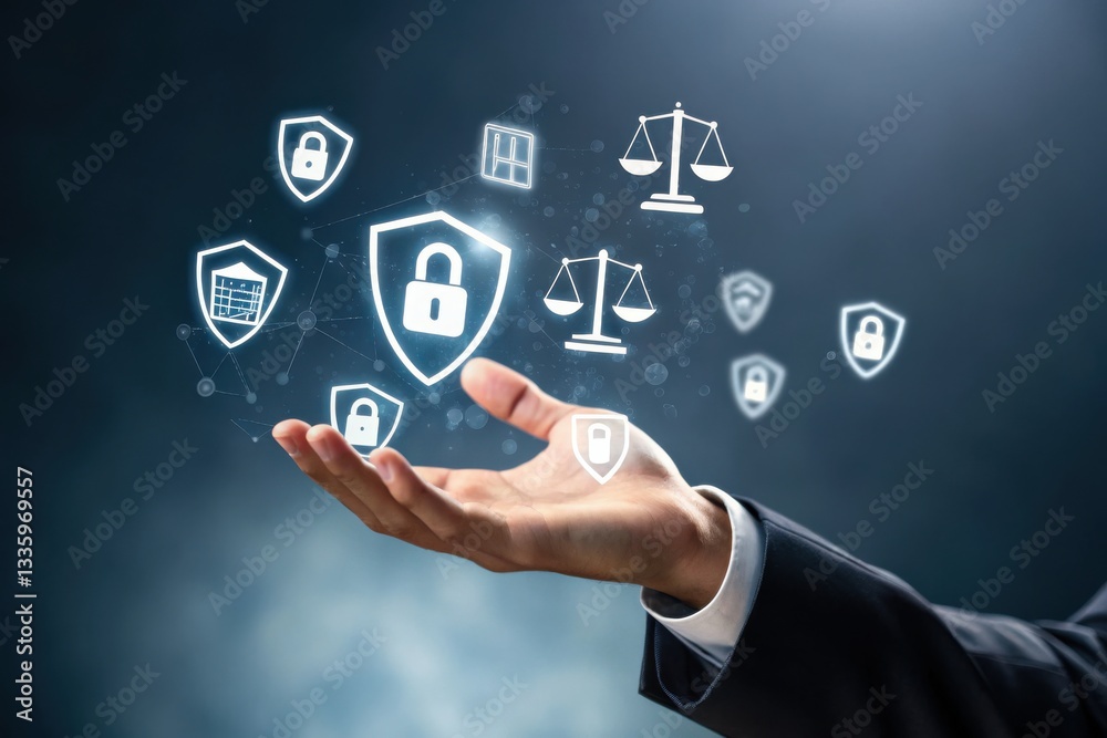 A businessman's hand displays digital security icons, representing themes of cybersecurity, privacy, and legal protection in the digital age. A businessman's hand displays digital security icons, representing themes of cybersecurity, privacy, and legal protection in the digital age.