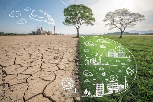 A split image showing a dry, cracked landscape on one side and a green, thriving environment with trees and buildings on the other, illustrating the impact of pollution.