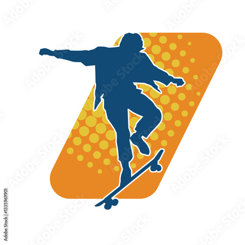 Silhouette of a male in action pose on skateboard. Silhouette of an urban boy on skateboard.