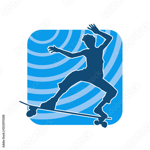 Silhouette of a male in action pose on skateboard. Silhouette of an urban boy on skateboard.
