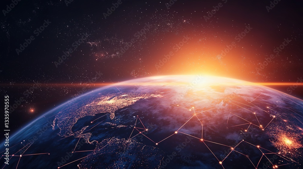 Obraz premium Glowing Earth with abstract network connections, symbolizing global connectivity and unity in a vast universe.