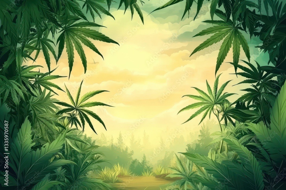 Naklejka premium Lush cannabis plants frame a sun-drenched forest scene. Ideal for cannabis-related projects, websites, or packaging designs.