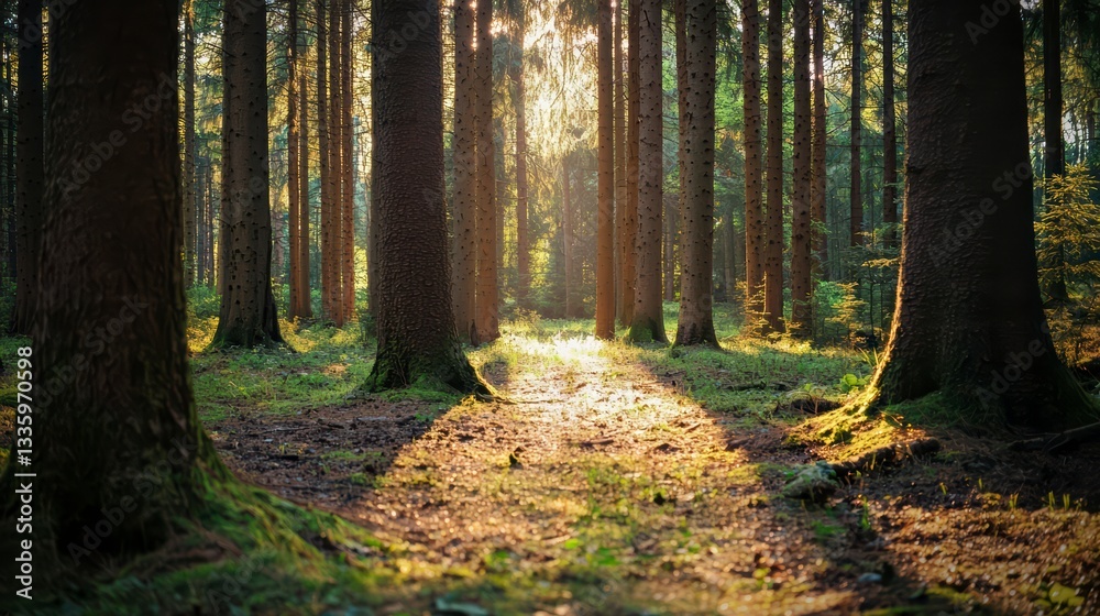 Obraz premium Forest Path: Sunlight streams through a dense forest canopy, illuminating a winding path that beckons the viewer towards an ethereal journey.