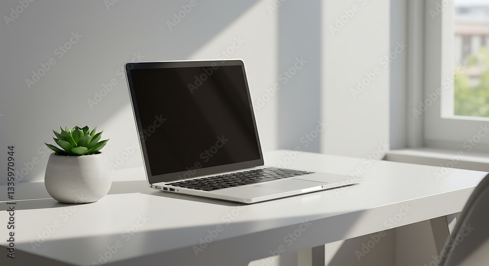 Modern workspace with laptop and succulent offering minimalist aesthetic design Modern workspace with laptop and succulent offering minimalist aesthetic design