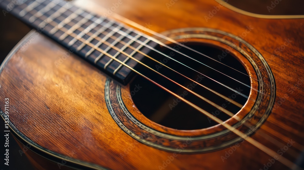 Resonance of a Guitar: A detailed look at the intricate craftsmanship of an acoustic guitar, emphasizing its strings, soundhole, and wooden body. A symphony of texture and musical potential. Resonance of a Guitar: A detailed look at the intricate craftsmanship of an acoustic guitar, emphasizing its strings, soundhole, and wooden body. A symphony of texture and musical potential.