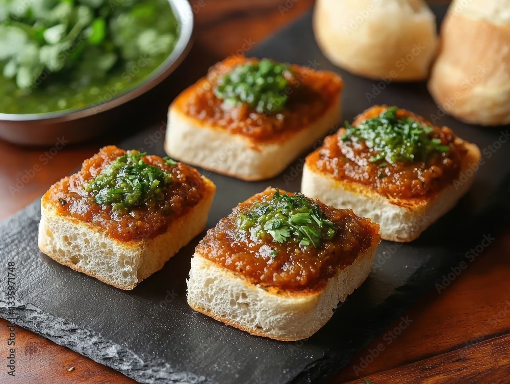 Appetizing toasted bread slices adorned with delightful topping and fresh green herbs on dark tray cuisine delicious Appetizing toasted bread slices adorned with delightful topping and fresh green herbs on dark tray cuisine delicious