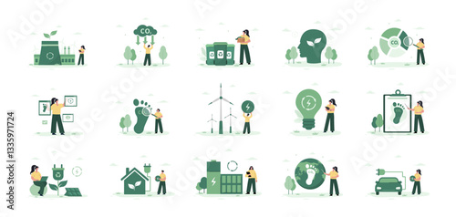 CO2 Neutral. Mega set. Characters calculate emissions from factories and using green electricity. Net zero. Electricity consumption concept. Set of Vector illustration in flat cartoon style.