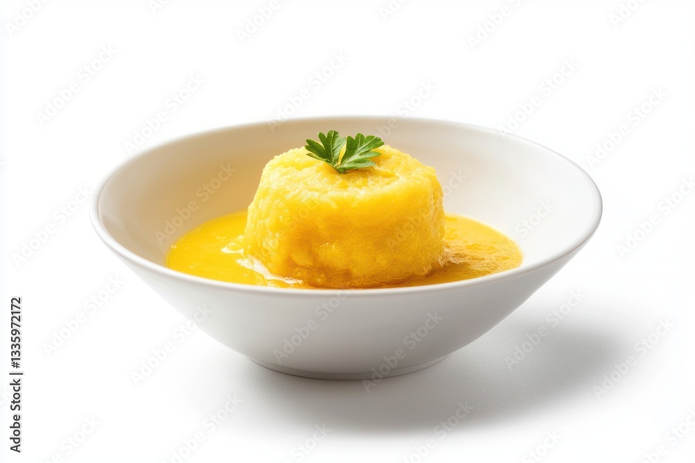 Close up of creamy polenta in white bowl adorned with vibrant parsley against a bright background studio setting Close up of creamy polenta in white bowl adorned with vibrant parsley against a bright background studio setting