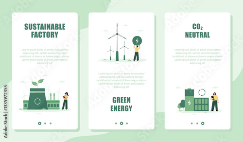 CO2 neutral. Set of Templates for Online Services. Mobile screen. Net zero emissions and carbon dioxide balance. Vector illustration in flat cartoon style.