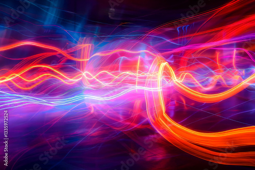 A mesmerizing display of colorful light streaks in shades of orange, blue, pink, and purple, forming dynamic curves and patterns.