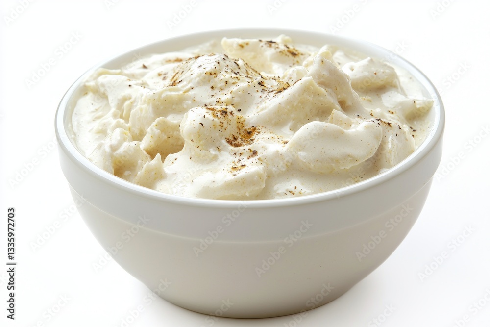Creamy dreamy delicious vegan cauliflower with spices in a bowl on a seamless white background studio shot with a high angle Creamy dreamy delicious vegan cauliflower with spices in a bowl on a seamless white background studio shot with a high angle