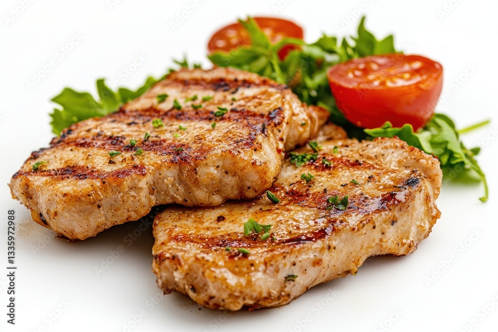Delicious grilled pork chop presentation with salad and tomato slices on a white background